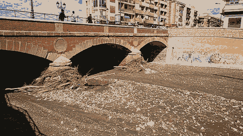 Dithered picture of a bridge after a flood